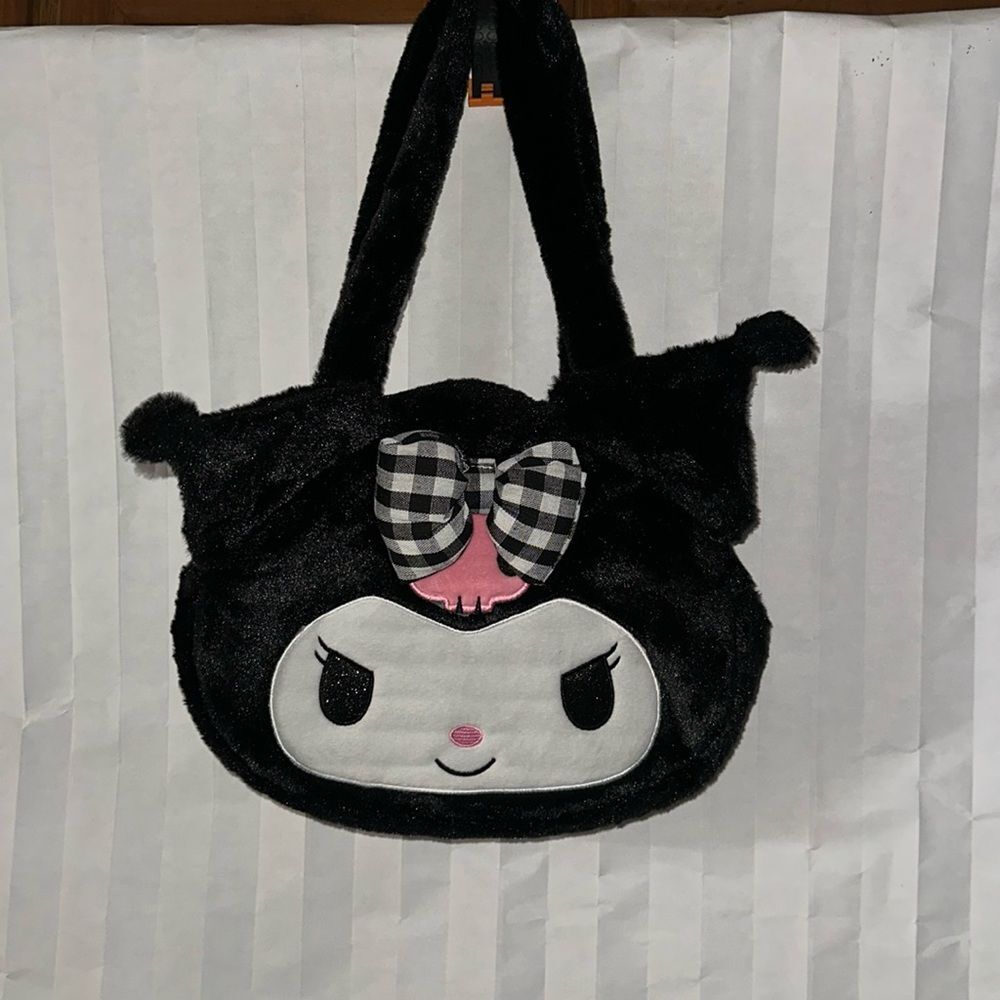 Hello Kitty Kuromi My Melody Black Faux Fur Purse Drop Handle Sanrio Bag